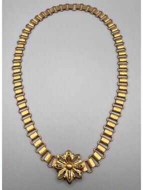 Vintage VICTORIAN REVIVAL Ornate Etched BOOK CHAIN With Flower Necklace